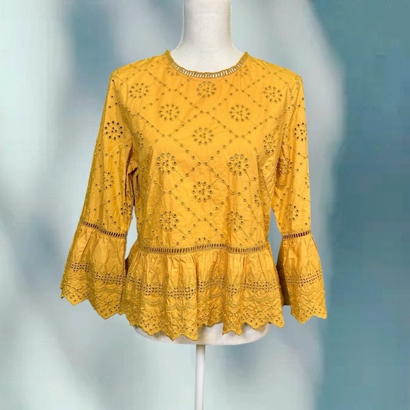 Free People ‘Merci Beaucoup’ Eyelet Top in Golden Yellow Size Medium - Picture 3 of 16